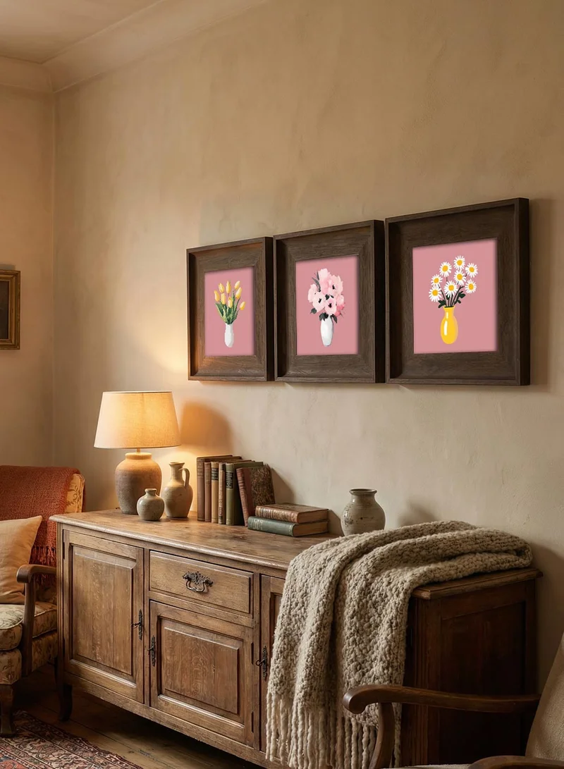 LOWHA Set of 3 Canvas Wall Art Stretched Over Wooden Frame with Vintage Brown Floating Frame and Blush Floral Vases Design